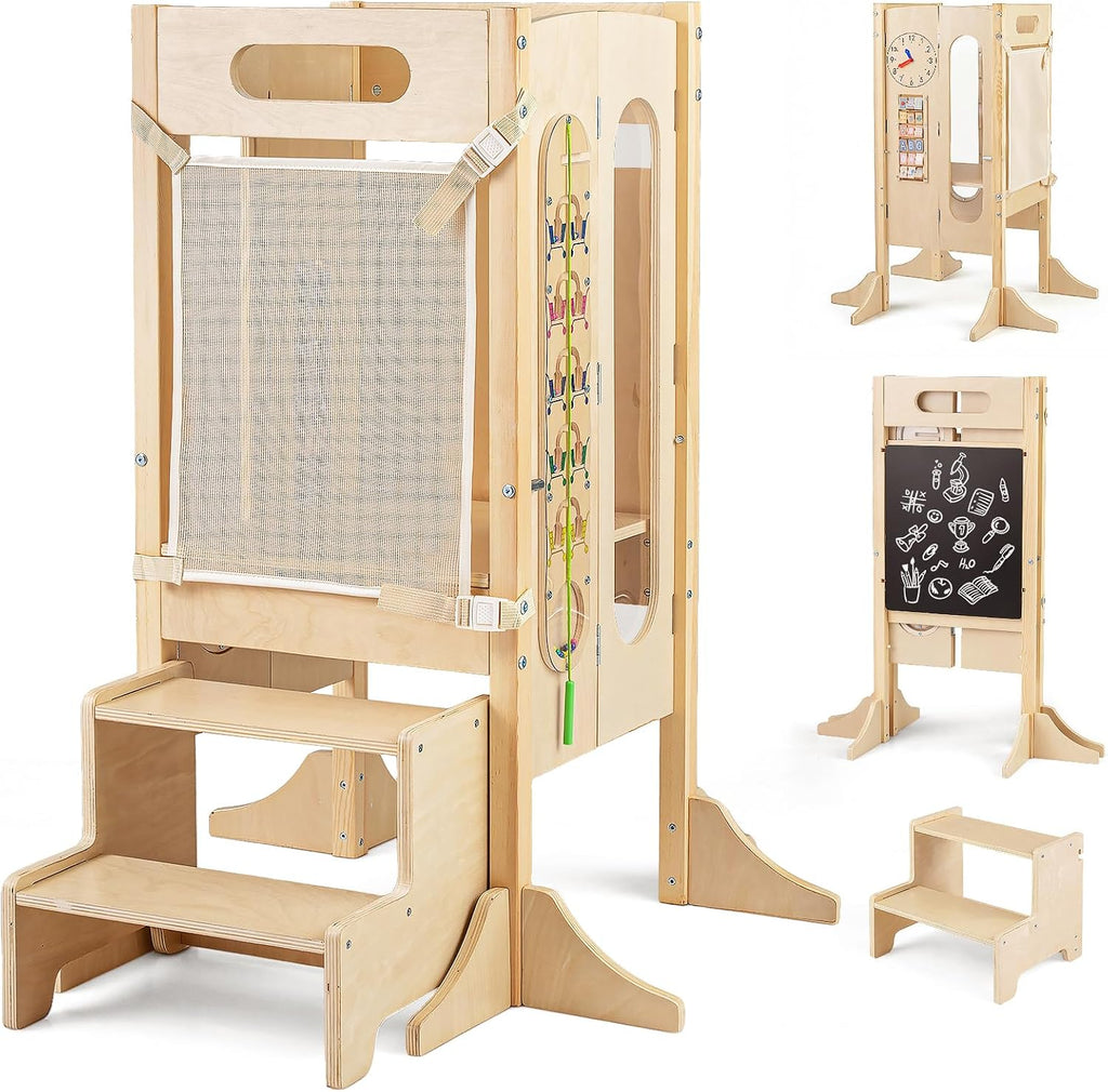 OLAKIDS Toddler Tower Foldable, 4-in-1 Wooden Standing Tower with 2 Step Stool, Chalkboard, Montessori Activity Games Safety Net, Kitchen Stool Helper for Kids 3+ Years