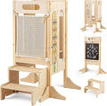 OLAKIDS Toddler Tower Foldable, 4-in-1 Wooden Standing Tower with 2 Step Stool, Chalkboard, Montessori Activity Games Safety Net, Kitchen Stool Helper for Kids 3+ Years