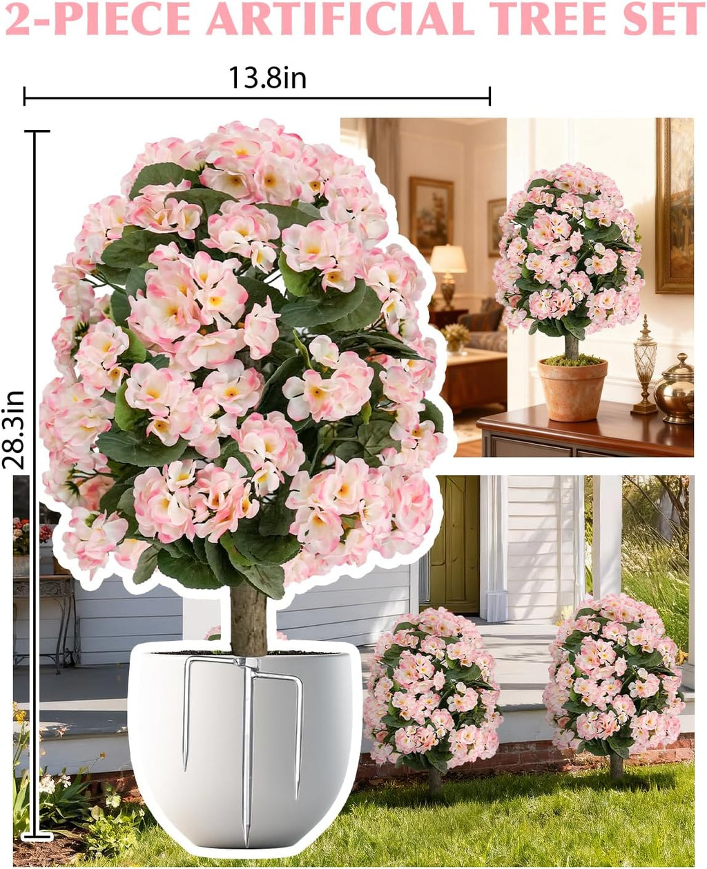 Artificial Topiary Flower Balls Outdoor Set of 2, UV Resistant Faux Outdoor Plants with Durable Metal Stakes, Realistic Bark-Textured Trunk, for Front Porch Outdoor Decor Patio Garden Decor