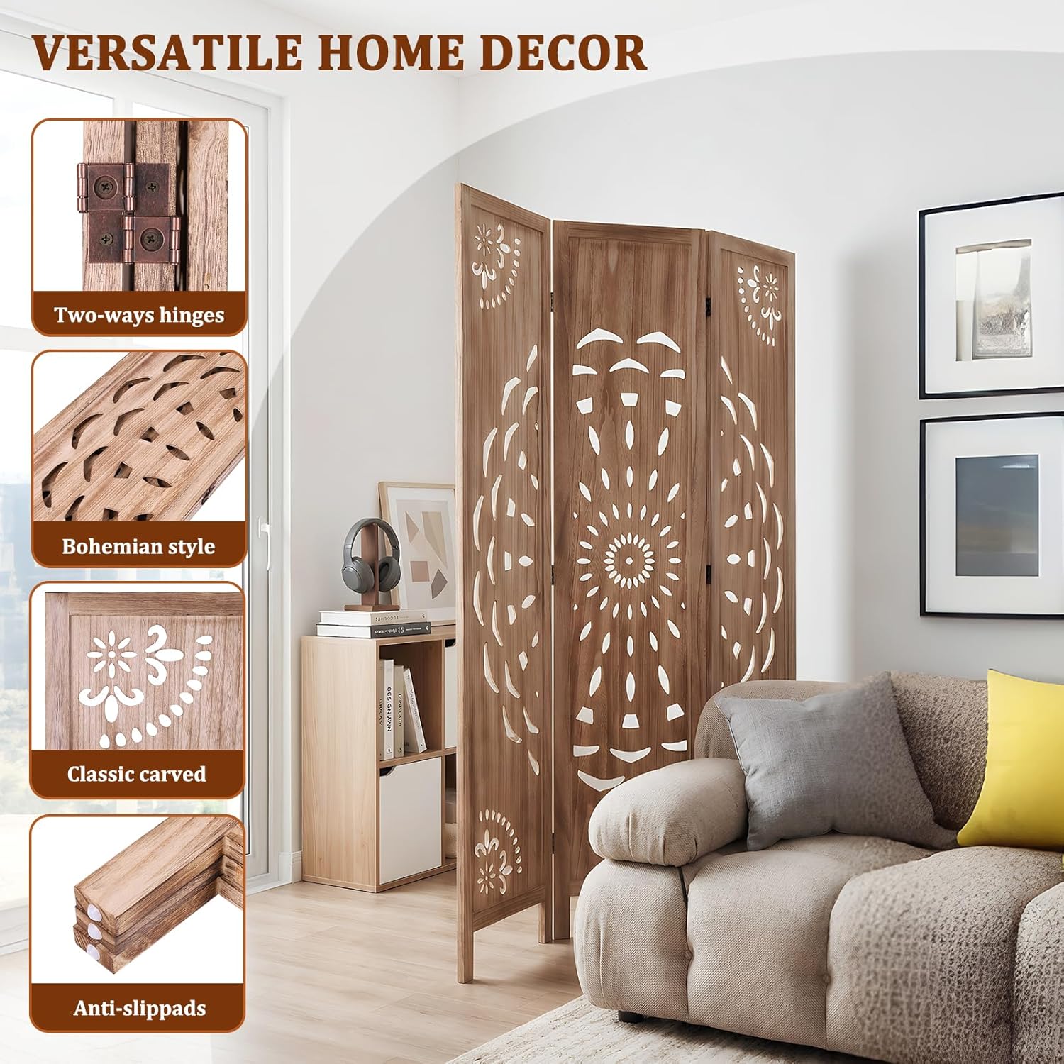 66.9 Inch Wood Room Divider Panel Boho-Styled 3 Panels Privacy Screen Indoor Boho Room Divider for Privacy Home Office & Patio