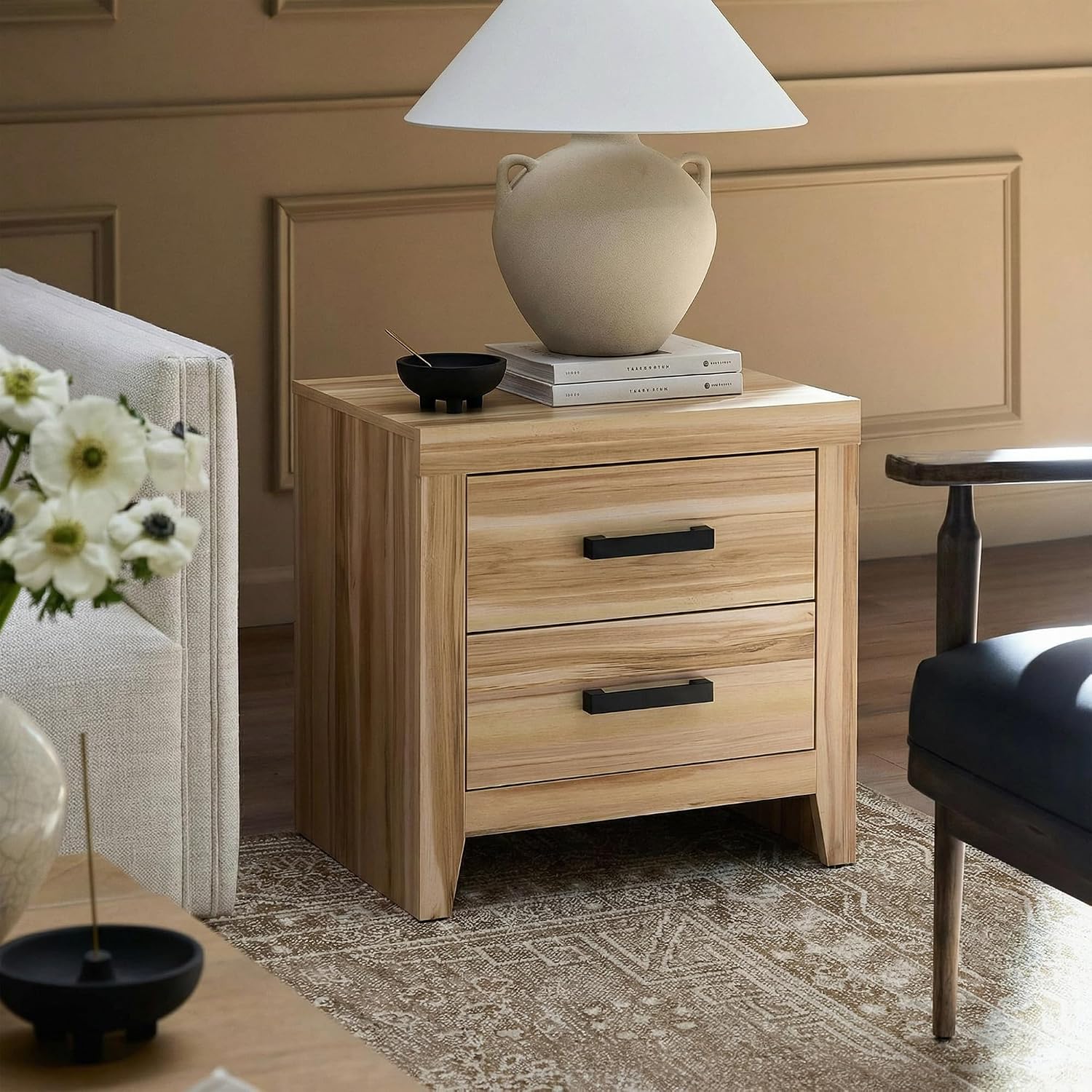 WAMPAT End Table with 2 Large Drawers, Farmhouse Side Table with Storage, Rustic Wood Nightstand Bedside Table for Bedroom and Living Room, Two-Tone
