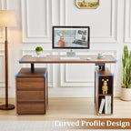 Electric Standing Desk with Drawers, 55" Office Desk Height Adjustable Executive Desk with Storage Shelves, Simple Setup Wood Desk Home Office Stand up Desk for Work, Study, Writing, Walnut