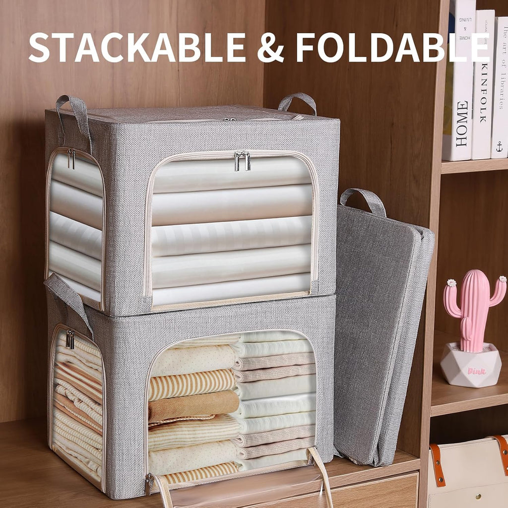combocube 3-Side Zippered Openings Clothes Storage Bins with Thick Metal Frame, Stackable & Foldable Clothing Storage Bins with Lid, Linen Fabric Closet Storage Box with Large Clear Window, 3 Pack