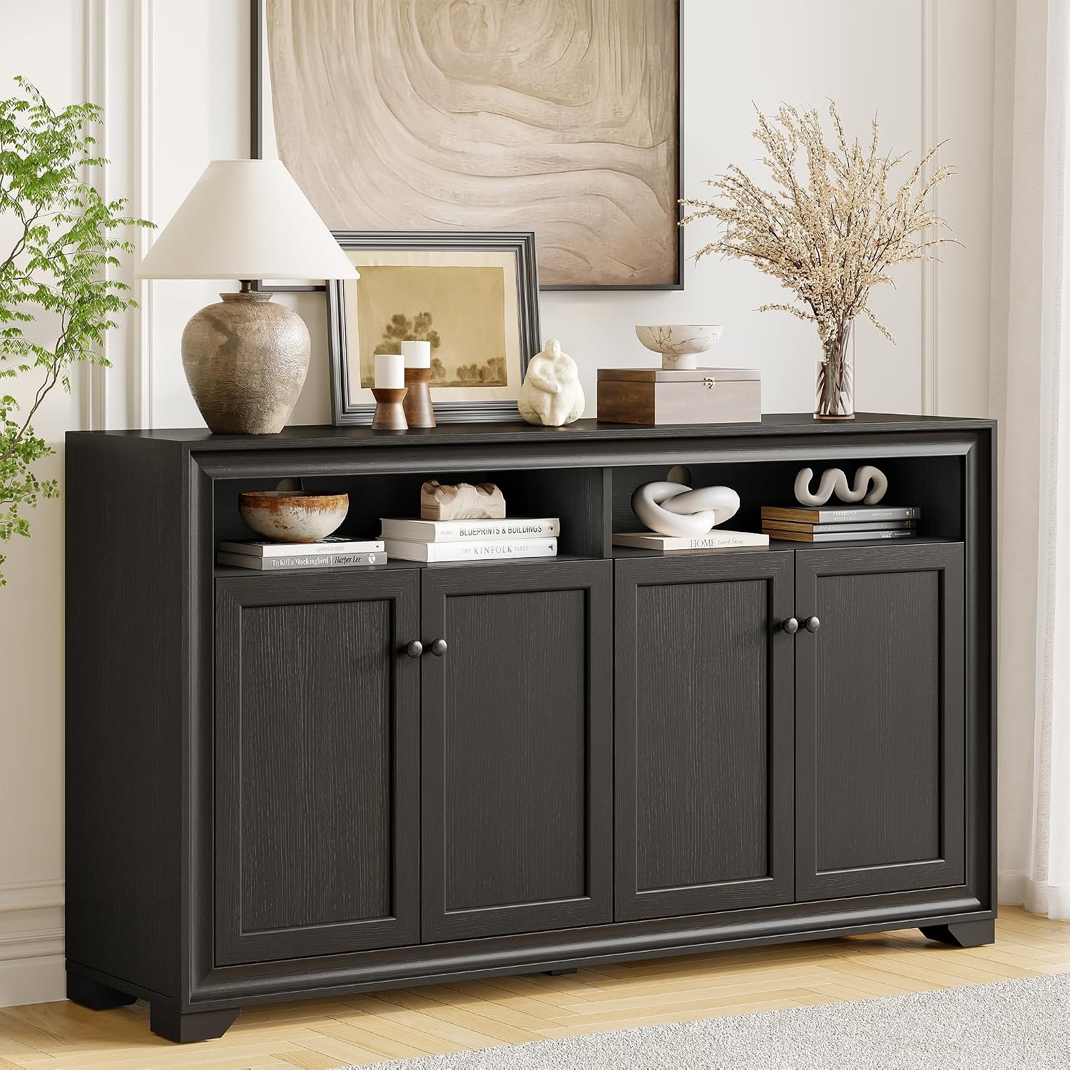 ONBRILL 60 Inches Sideboard Buffet Cabinet with Storage, 4 Doors Large Sideboard, Kitchen Cabinet with Open Shelf & Adjustable Shelf, Kitchen Coffee Bar Console Table for Living Room, Hallway, Black