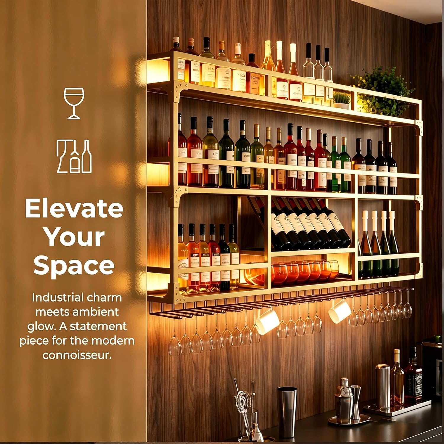 59in Wall Mounted Wine Rack, Floating Industrial Liquor Glass Holder 3 Tiers, Large Metal Wine Bottle Display Rack Hanging Shelf, for Home Bar Dining Room Decorative
