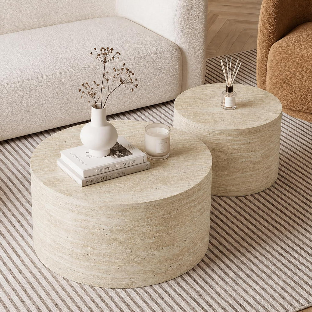 LKTART Round Nesting Coffee Table Set of 2， Modern Small Circle Coffee Table Travertine Side Table End Table Circular Coffee Tables Drum Nested Coffee Tables for Living Room