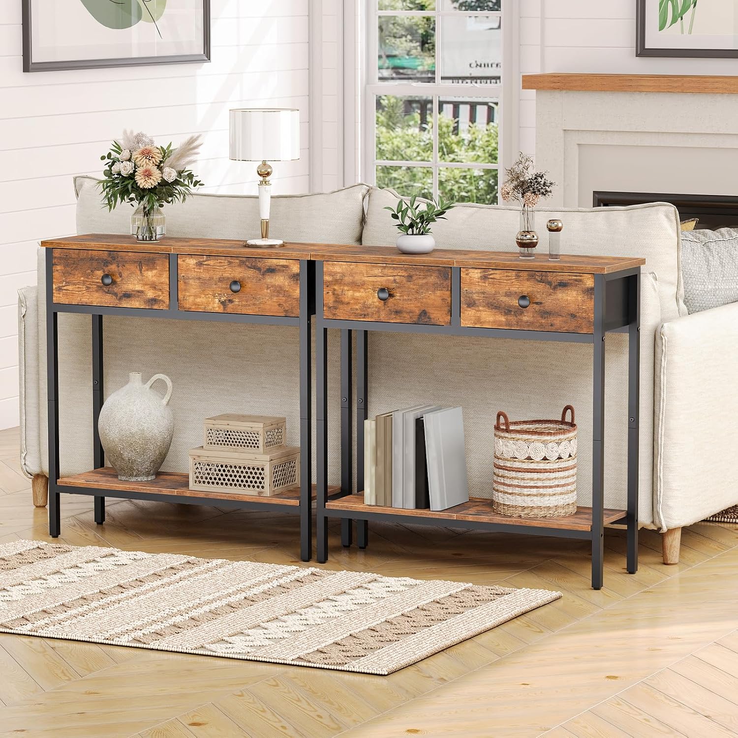 HOOBRO 29.5" Narrow Console Table with 2 Fabric Drawers, Small Entryway Table with 2-Tier Storage Shelves, Sofa Table, Behind Couch Table, for Living Room, Hallway, Rustic Brown and Black BF71XG01