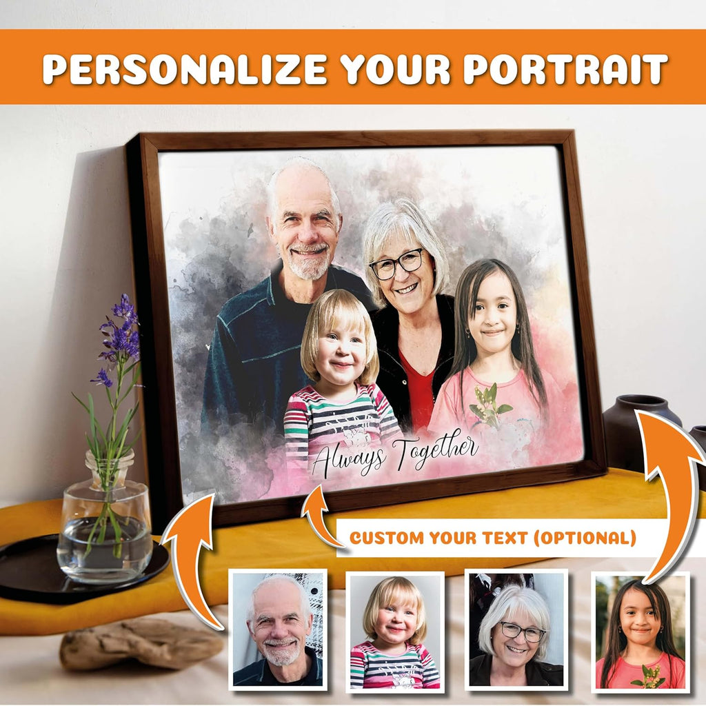 Custom Pencil Drawing from Photos – Charcoal Style Portrait – Merge Family Photos, Add Passed Loved One – Memorial Gift with Angel Wings – Personalized Canvas from Picture – In Memory of Mom