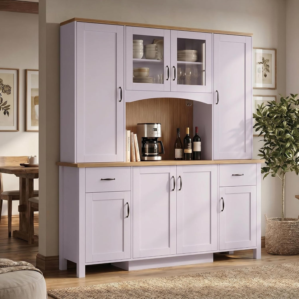 ECACAD 66.9" W Large Kitchen Pantry Storage Cabinet with Countertop & Hutch, Tall Modern Kitchen Cupboard with Glass Doors, Drawers & Adjustable Shelves for Dining Room, Purple & Brown