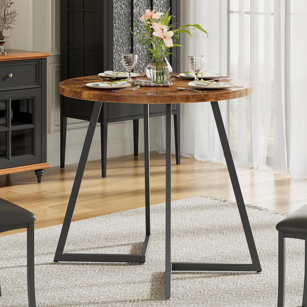 VECELO 35" Round Dining Table for 4, Wood-Grain Tabletop & Heavy-Duty Steel Frame, for Kitchen, Living Room, Easy Assembly, Antique Brown