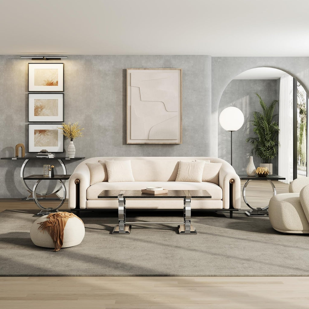 Asday Black End Table, Modern Wood Side Table, Silver End Table with U-Shaped Stainless Steel Base