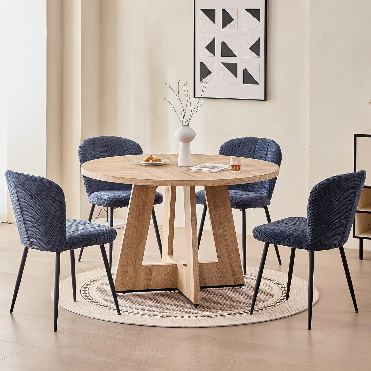 47" Round Dining Room Table Set for 4, [Fanned Base] [1.38" Thick Top] Wood Kitchen Table with 4 Chenille Dining Chairs