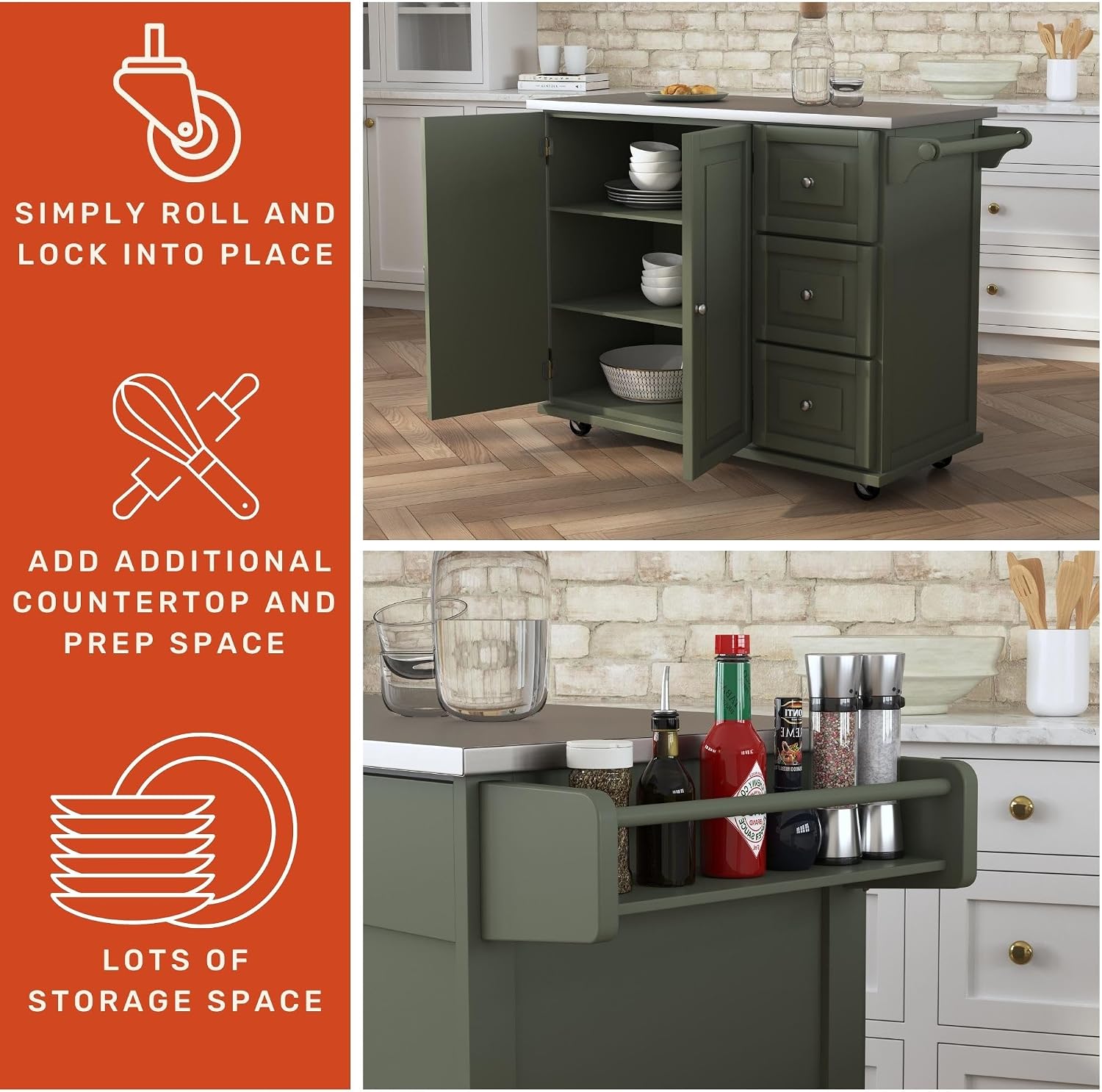 Homestyles Mobile Kitchen Island Cart with Stainless Steel Top, Sage Green