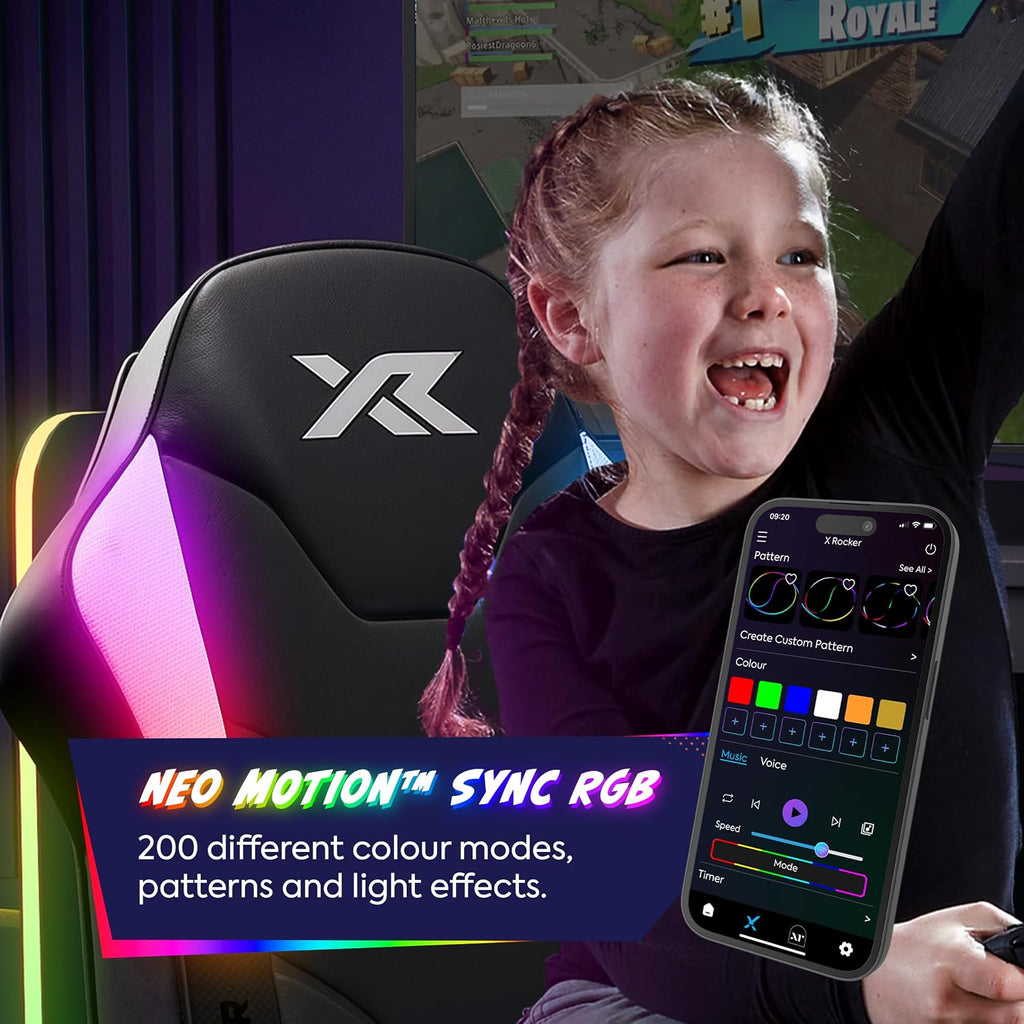 X Rocker Shadow RGB 2.0 Floor Rocker, Audio Console Gaming Chair - Neo Motion™ Sync App Controlled LED Lights, Headrest Speakers, Folding Rocking Base, Wipe-Clean Faux Leather for Kids & Teens - Black
