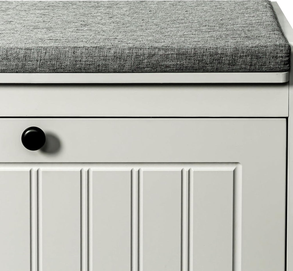 Shoe Storage Bench, Modern Wooden Shoe Cabinet with Flip Drawer and Adjustable Shelf, Entry Way Bench with Padded Seat Cushion for Entryway, Hallway, Living Room,Pebble Grey