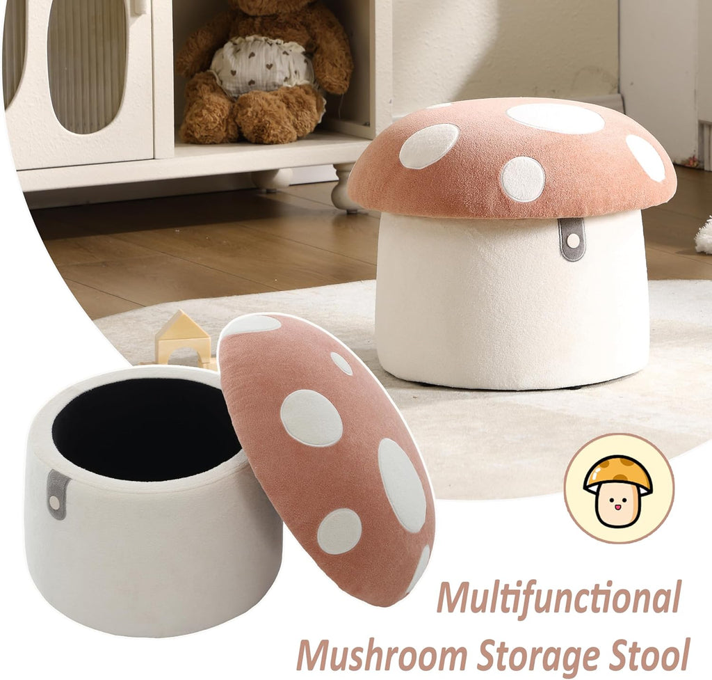 Kids Desk Chairs, Cute Mushroom Storage Ottoman, Mushroom Armchair, Children Round Storage Ottomans, Small Multi-Purpose Footstool for Playroom & Bedroom, Pink Mushroom