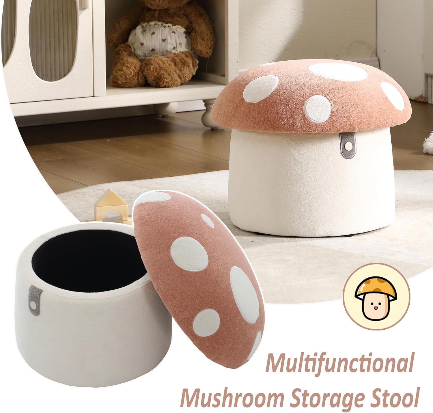 Kids Desk Chairs, Cute Mushroom Storage Ottoman, Mushroom Armchair, Children Round Storage Ottomans, Small Multi-Purpose Footstool for Playroom & Bedroom, Pink Mushroom
