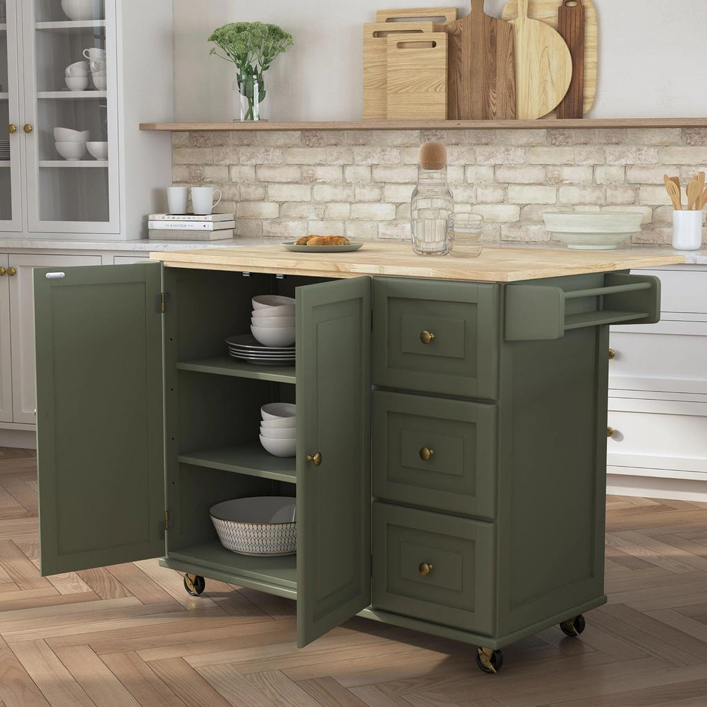 Homestyles Mobile Kitchen Island Cart with Wood Top and Dropleaf Breakfast Bar, 18" D x 53.5" W x 36" H, Green