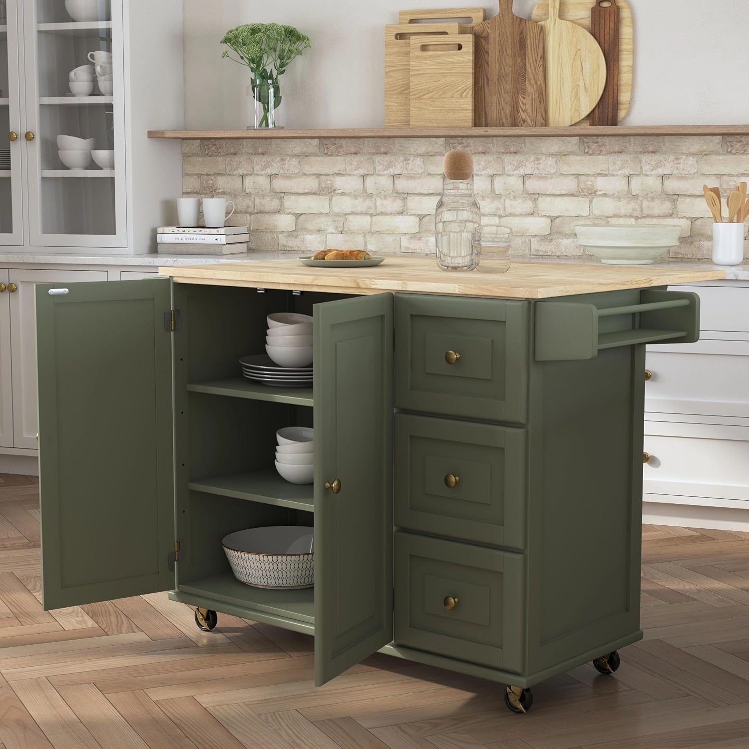 Homestyles Mobile Kitchen Island Cart with Wood Top and Dropleaf Breakfast Bar, 18" D x 53.5" W x 36" H, Green