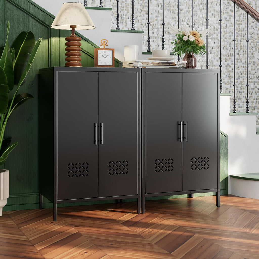 Metal Storage Cabinet with 2 Adjustable Shelves,Metal Buffet Sideboard Cabinet with 2 Doors for Home,Office, 42" H x 26" W x 14" D,Assembly Required,Black
