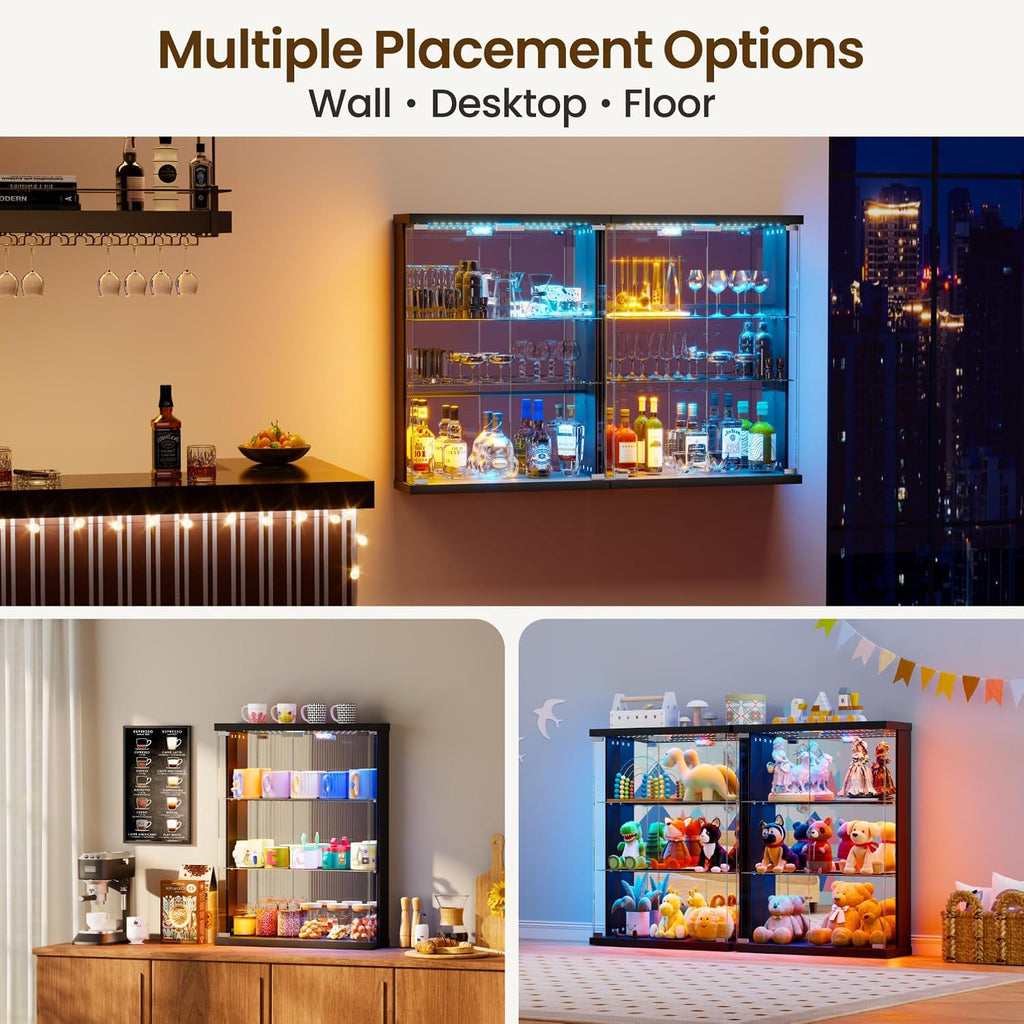 Wall Display Case with Glass Doors - RGB Hanging Display Cabinet with Auto Sensor Lights, Glass Door Cabinet with Adjustable Shelves, Shot Glass Display Case for Collectibles, Figures, Cards (Black)