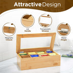 Fuller Bamboo Tea Box Organizer with 8 Compartments – Natural Bamboo Tea Storage Case with Clear Acrylic Lid – Elegant Fuller Tea Caddy for Tea Bags, Coffee Pods, Spices & More – Home & Office