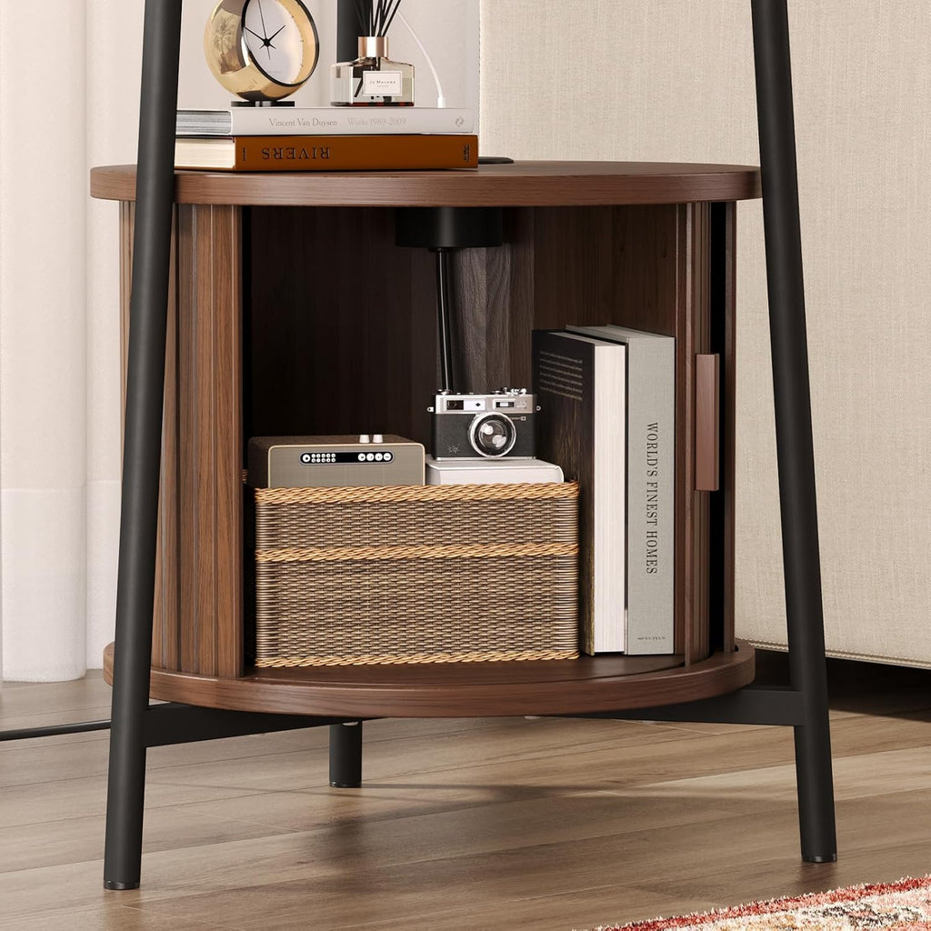 Round Side Table with Storage, Nightstand with Charging Station, Mid Century Modern Fluted Bedside Table with Sliding Door, Small Wood End Table for Living Room Small Space Bedroom, Walnut