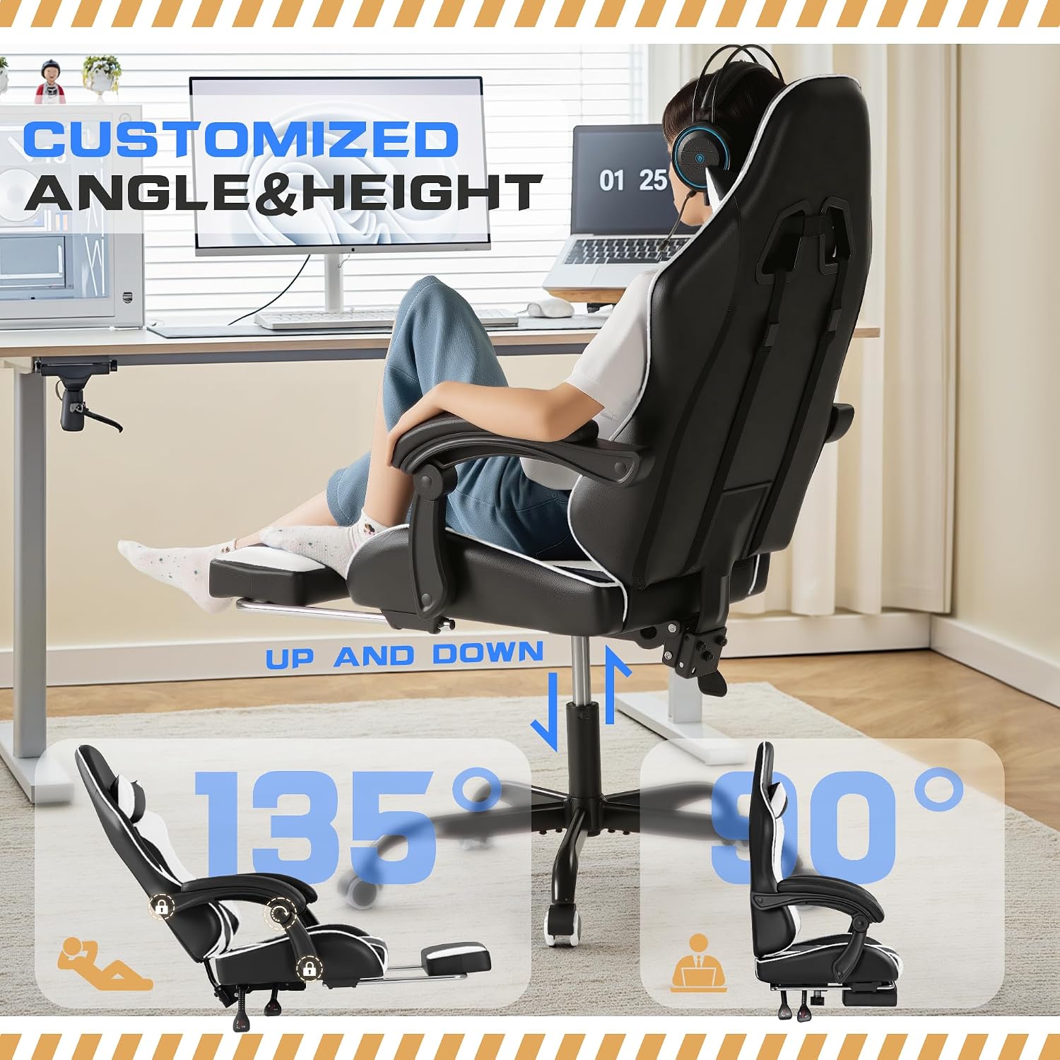 GUNJI Gaming Chair, Computer Chair with Footrest and Lumbar Support, Gaming Chair with Adjustable Reclining Angle, 360° Swivel Seat and Headrest,Thickened for Office and Video Games, White