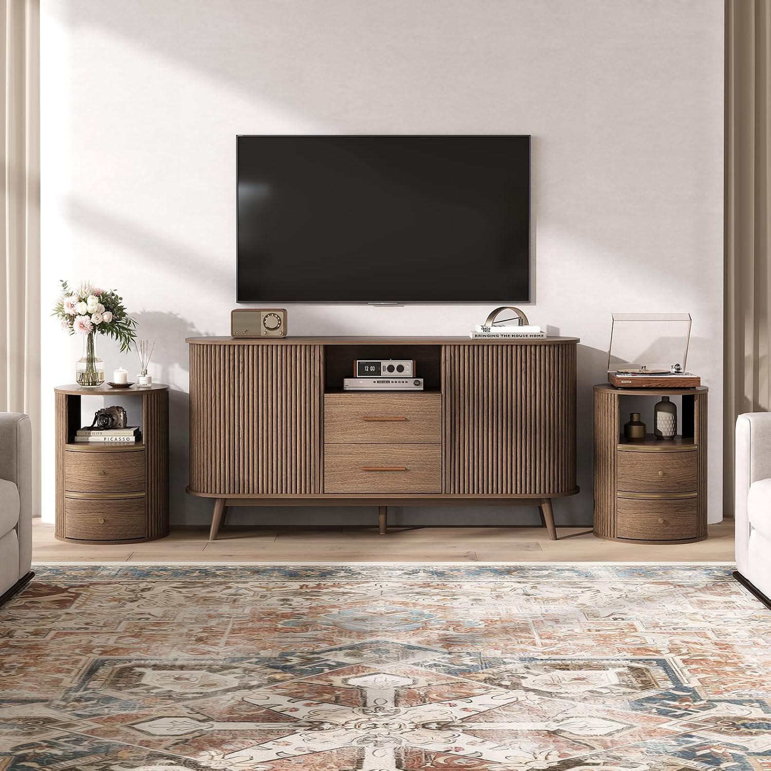 JOINICE Round End Tables Living Room, Fluted End Table with 2 Drawers and Open Shelf, 24" Tall Sofa Side Table with Storage, Nightstand for Bedroom, Living Room, Walnut