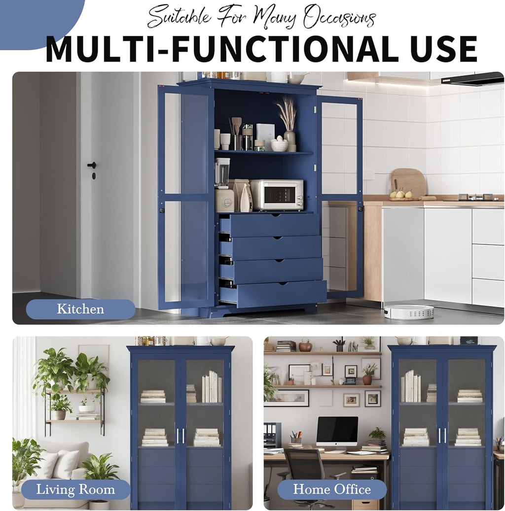 JIJIWANG Kitchen Pantry Cabinet,Coffee Bar Storage with Glass Doors and 4 Built-in Drawers,Food Pantry for Kitchen,Dining Room,Living Room and Garage,Home Office,Blue