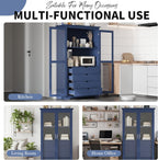 Merax Kitchen Pantry Cabinet with 2 Glass Doors & 4 Large Drawers, Pine Wood Frame & Higher Shelf‌ Height, Freestanding Storage Cabinet for Kitchen Dining Room Living Room, 44.7"x20"x75" (Blue)