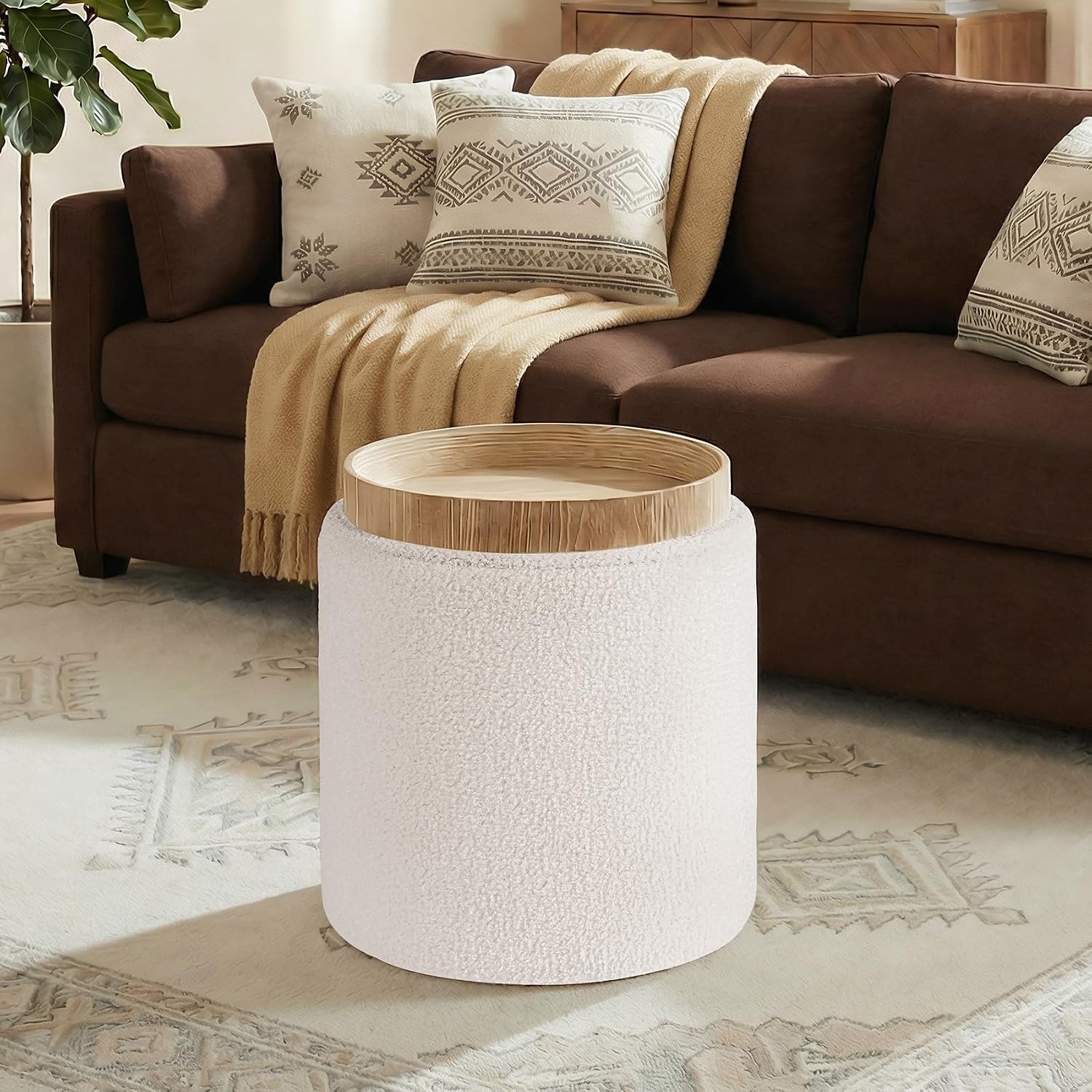 Round Ottoman with Storage, Teddy Upholstered Foot Rest Vanity Stool with Tray, Multifunctional Coffee Table for Living Room Bedroom