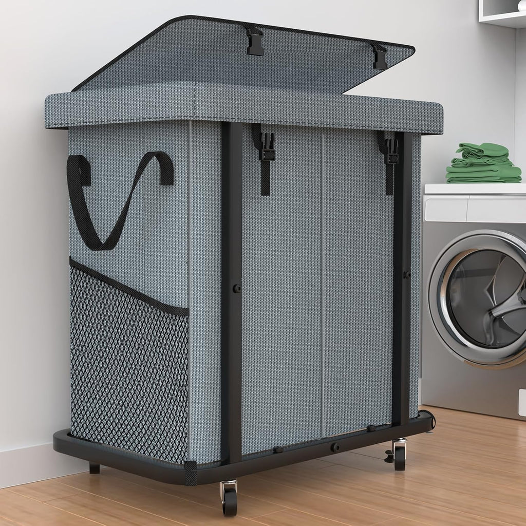 50 Gal(190L) Laundry Basket with Lid, Rolling Laundry Hamper with Wheels, Dirty Clothes Hamper with Metal Frame and Removable Bag Design, Suitable for Laundry Room, Bedroom(Grey, 2 Section 190L)