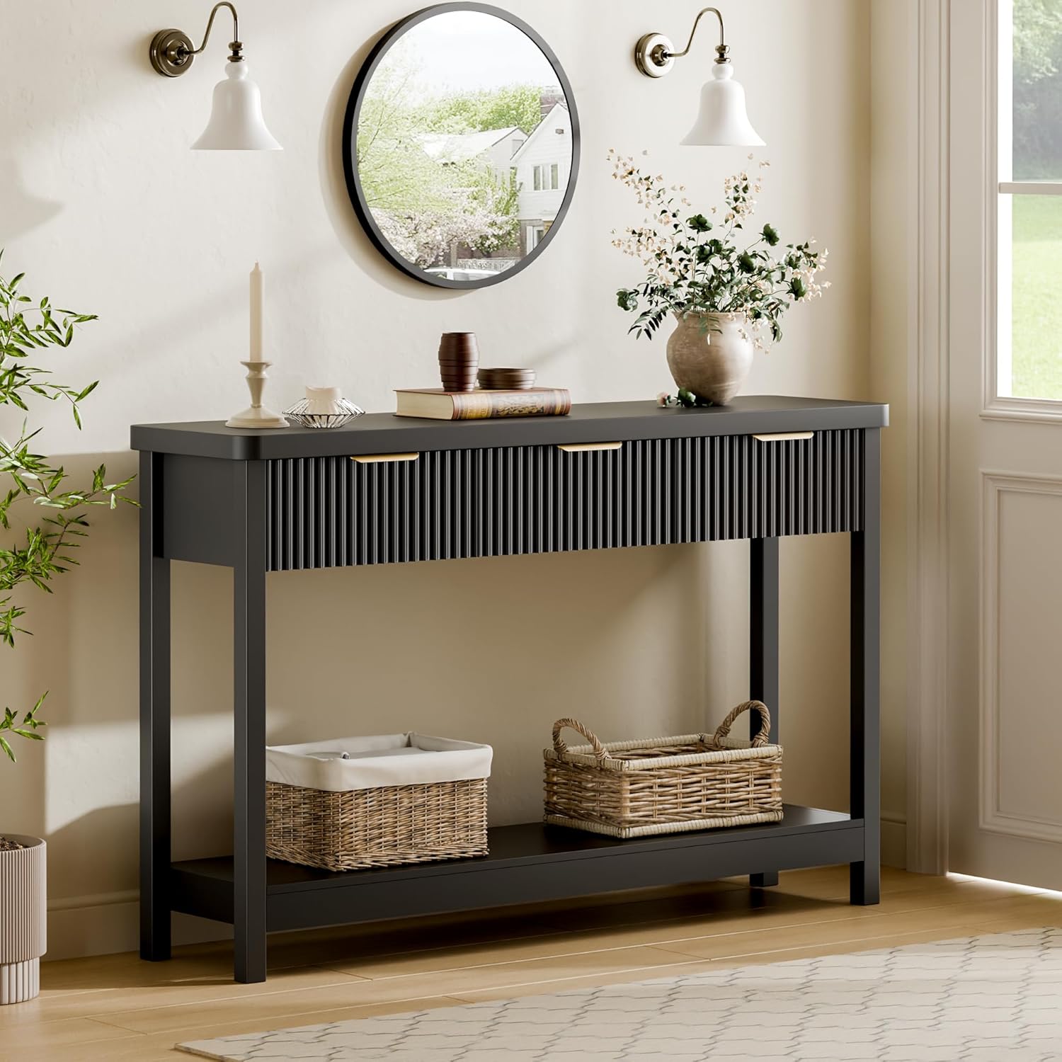 Lulive Fluted Console Table, 51 Inch Entryway Table with 3 Drawers | Scandi farmhouse look with quiet full-extension slides, open lower shelf, profile for hallway, entry, foyer or behind sofa.