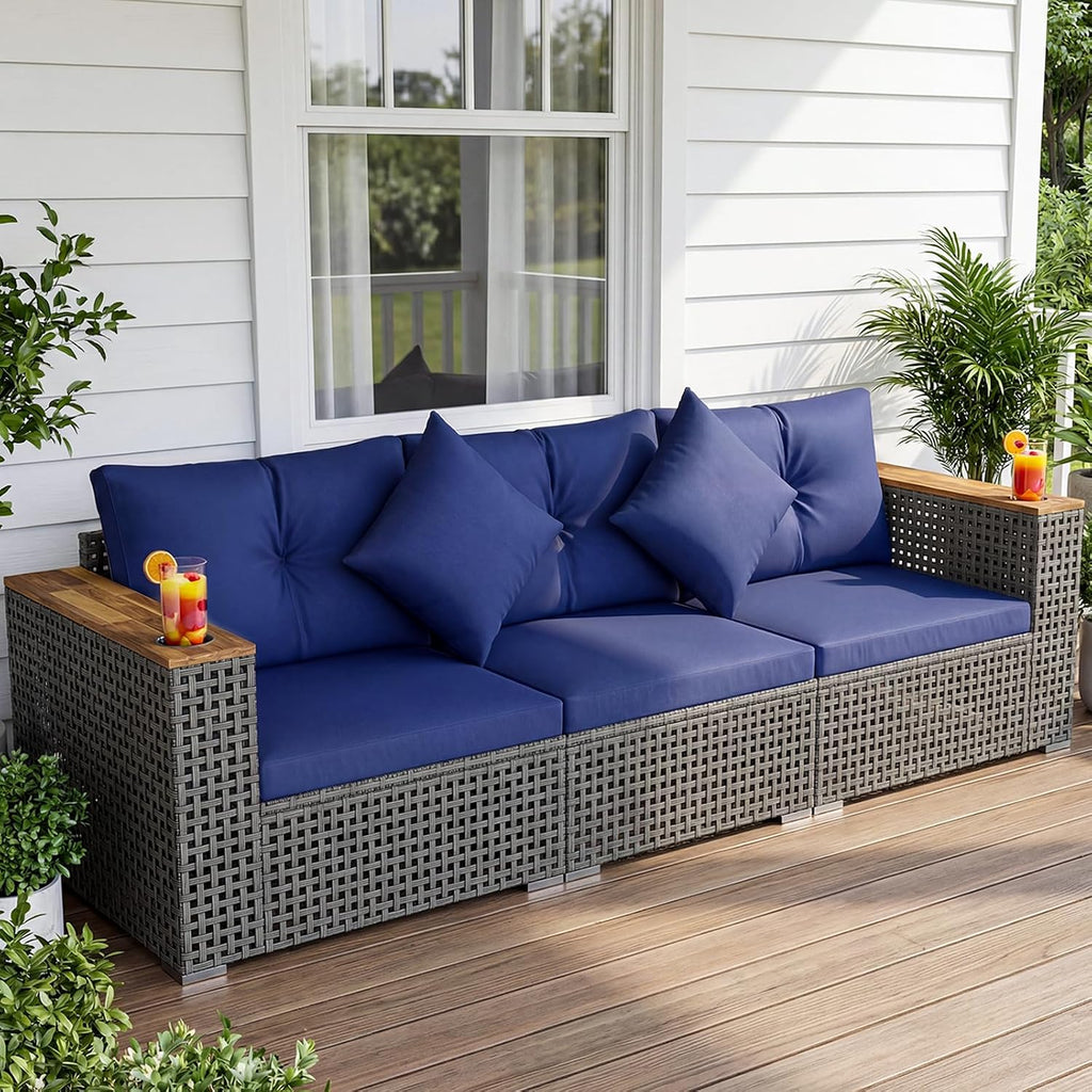 KOTEK 3-Seater Outdoor Couch, 86.5" Large Size Patio Wicker Sofa with Cup Holders & Wood Armrest, Cushions & Pillows, 3 Piece PE Rattan Sectional Furniture Set for Porch, Deck, Backyard (Navy)