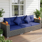 KOTEK 3-Seater Outdoor Couch, 86.5" Large Size Patio Wicker Sofa with Cup Holders & Wood Armrest, Cushions & Pillows, 3 Piece PE Rattan Sectional Furniture Set for Porch, Deck, Backyard (Navy)