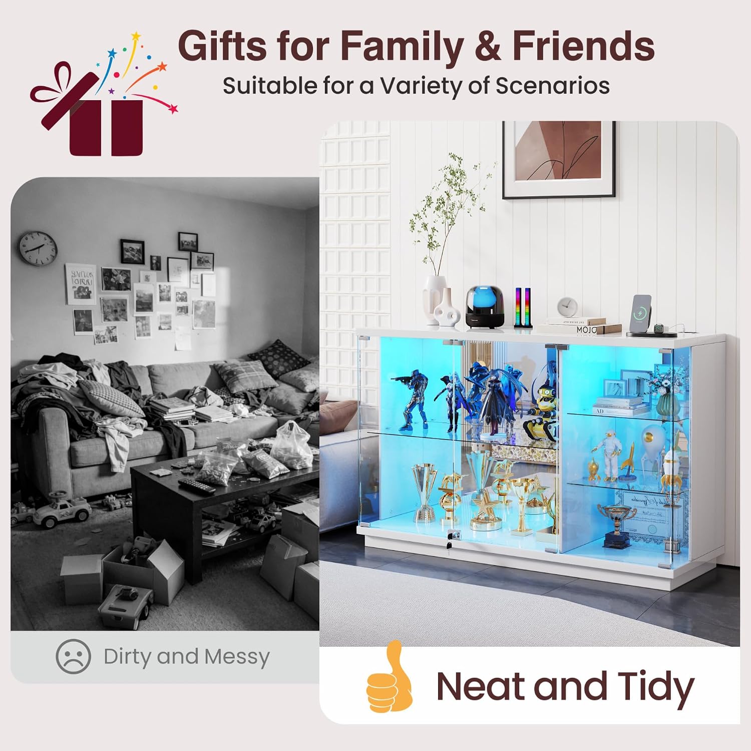 Gurexl 47.2" W Glass Display Cabinet with 3-Color LED Lights, 5-Tier Lockable Curio Cabinet with Human Body Sensor & Charging Station, Display Case for Collectibles, Living Room, Kitchen, White