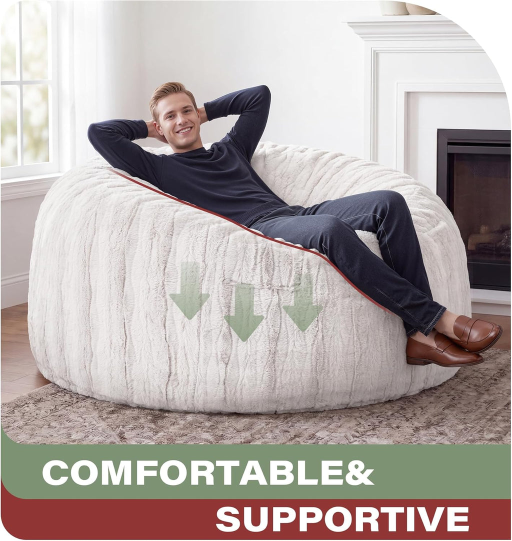 fond + found 5FT Bean Bag Chairs Giant Bean Bag Chair Cover with Wave Pattern Fur Washable Bean Bag Chairs for Adults Filled with Memory Foam for Bedroom Living Room (Oatmeal, 5FT- 50" x 50" x 24")