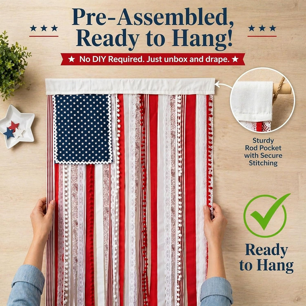 Lighted Rag American Flag Banner 4 x 2.3 Ft, Rag American Flag Banner for Home Party Supplies, Patriotic Wall Hanging for Memorial Day, Independence Day Party, Farmhouse Home Decor (Style2)