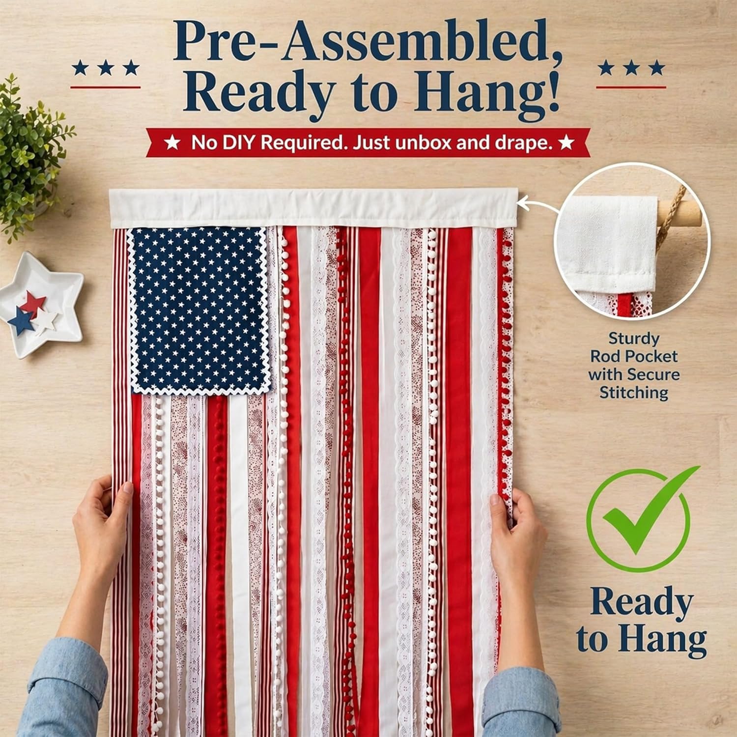 Lighted Rag American Flag Banner 4 x 2.3 Ft, Rag American Flag Banner for Home Party Supplies, Patriotic Wall Hanging for Memorial Day, Independence Day Party, Farmhouse Home Decor (Style2)