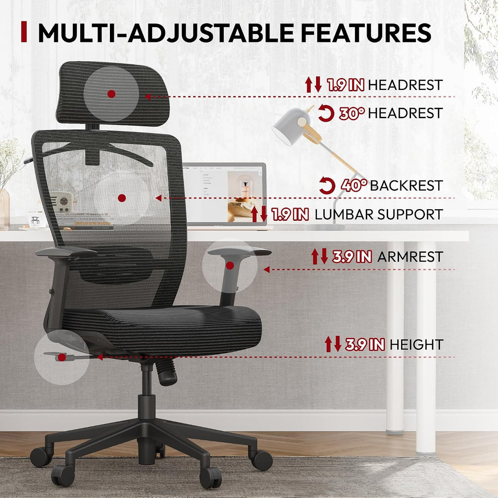 SANODESK OS3 Mesh Big and Tall Computer Chair Home Office Standing Desk Chairs Swivel Ergonomic High Back Office Chair with Adjustbale Lumbar Support Backrest Armrest Black