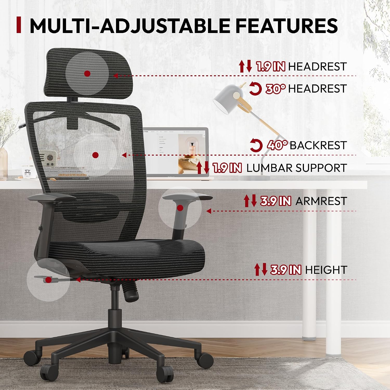 SANODESK OS3 Mesh Big and Tall Computer Chair Home Office Standing Desk Chairs Swivel Ergonomic High Back Office Chair with Adjustbale Lumbar Support Backrest Armrest Black