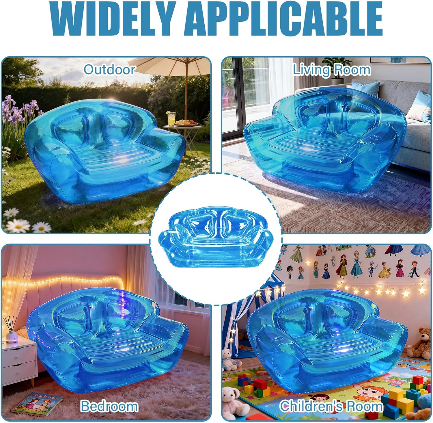 Double Seat Inflatable Couch Blow Up Couch for Camping, Outdoor Transparent Inflatable Sofa, Folding Portable Air Couches, Beach Blow Up Lounger Furniture for Adults Indoor Use for Movie Night Blue