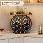 X-cosrack 14-Bottle Countertop Wine Rack with Wooden Tabletop, Freestanding Round Metal Wine Bottle Organizer and Display Stand for Kitchen, Pantry, Home Bar and Cabinet