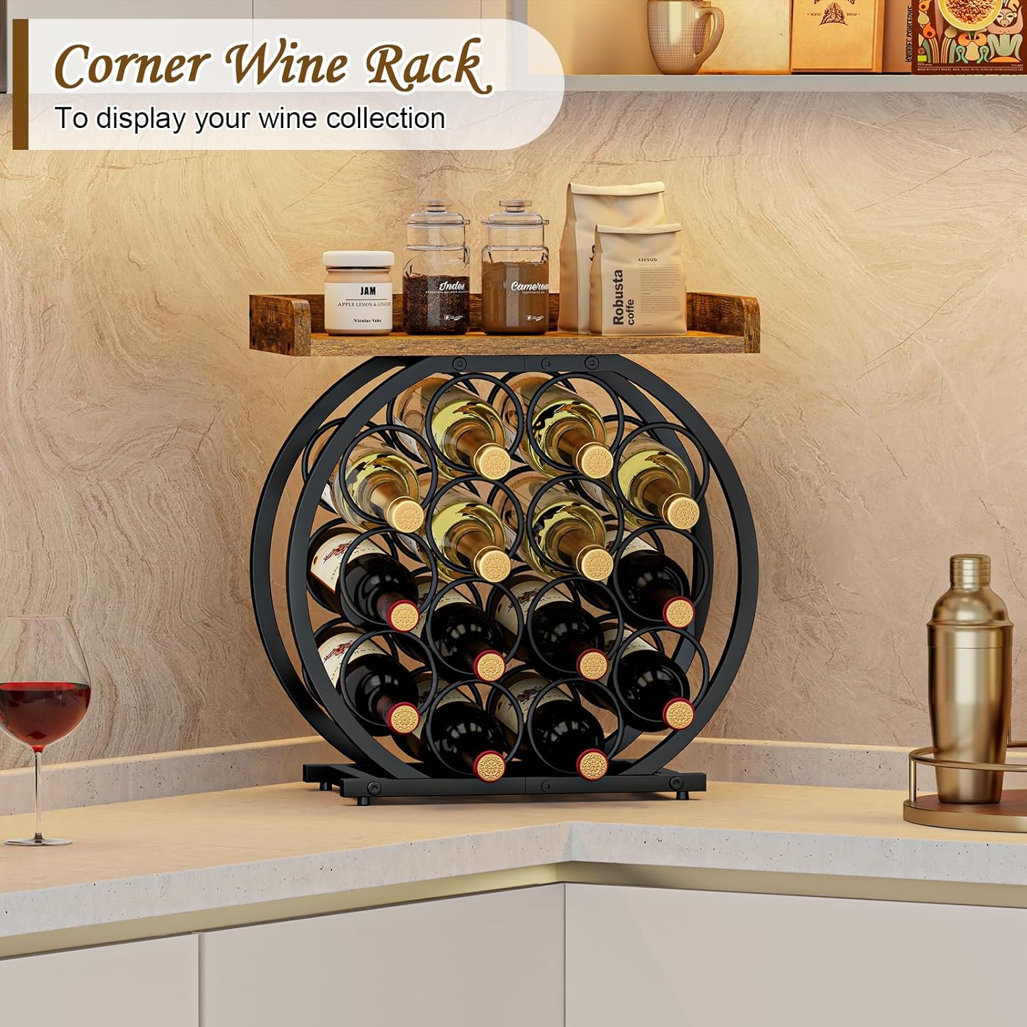 X-cosrack 14-Bottle Countertop Wine Rack with Wooden Tabletop, Freestanding Round Metal Wine Bottle Organizer and Display Stand for Kitchen, Pantry, Home Bar and Cabinet