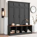 Hall Tree with Bench and Shoe Storage Compartments, Particle Board Multi-Functional Entryway Cabinet with 4 Hanging Hooks, Black