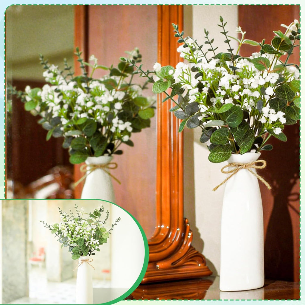 Artificial Flowers in Vase Set, Eucalyptus Stems and Baby’s Breath Bundle, Fake Plants Floral Arrangement with Ceramic Vase for Table Centerpiece Home Décor