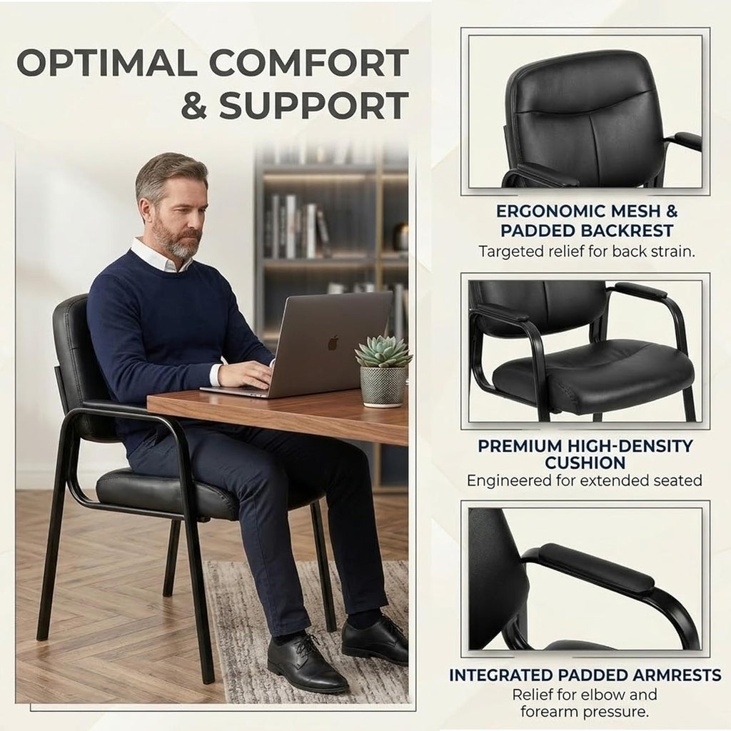 Leather Waiting Room Chair No Wheels, Office Guest Reception Seating with Padded Arms, Stationary Conference Table Chair for Lobby Clinic Home Desk Bedroom, Comfortable Dining Kitchen Armchair, Inky