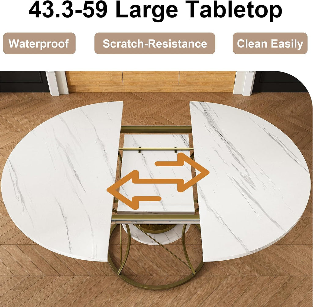 43"-59" Extendable Round Dining Table for 4-6, Modern Kitchen Table with Storage Shelf, Marble Veneer Top & Gold Metal Base Dining Room Table for Apartment