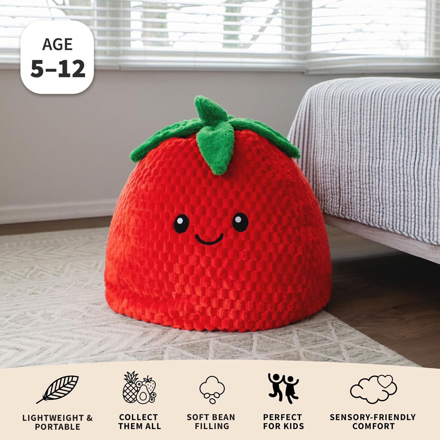 Big Joe Strawberry PlushiPals Super Soft Bean Bag Chair for Kids, Ultra-Soft Plush Polyester Blend, 2.5 feet Refillable